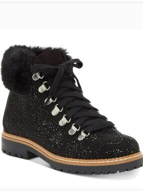 INC International Concepts Pravale black bling fur hiking ankle boots, size 10 M